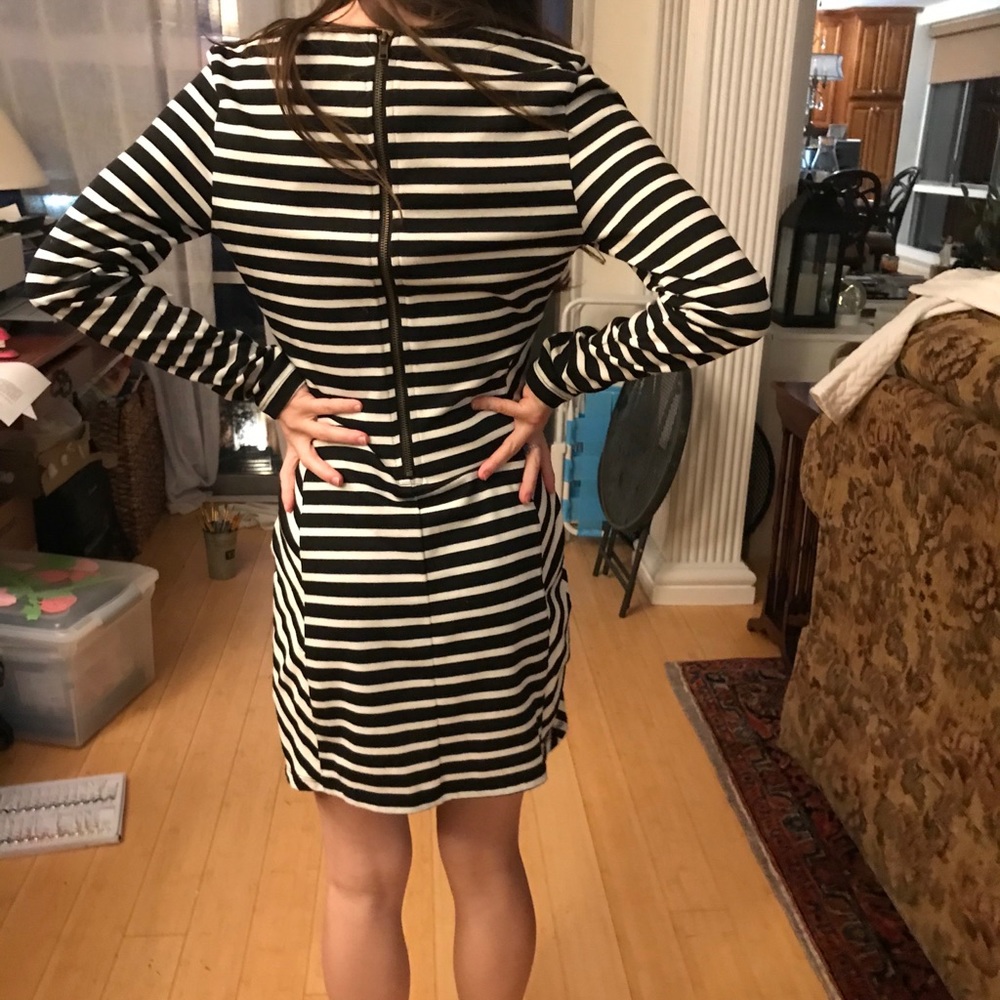 Black And White Stripped Long Sleeved Midi Dress